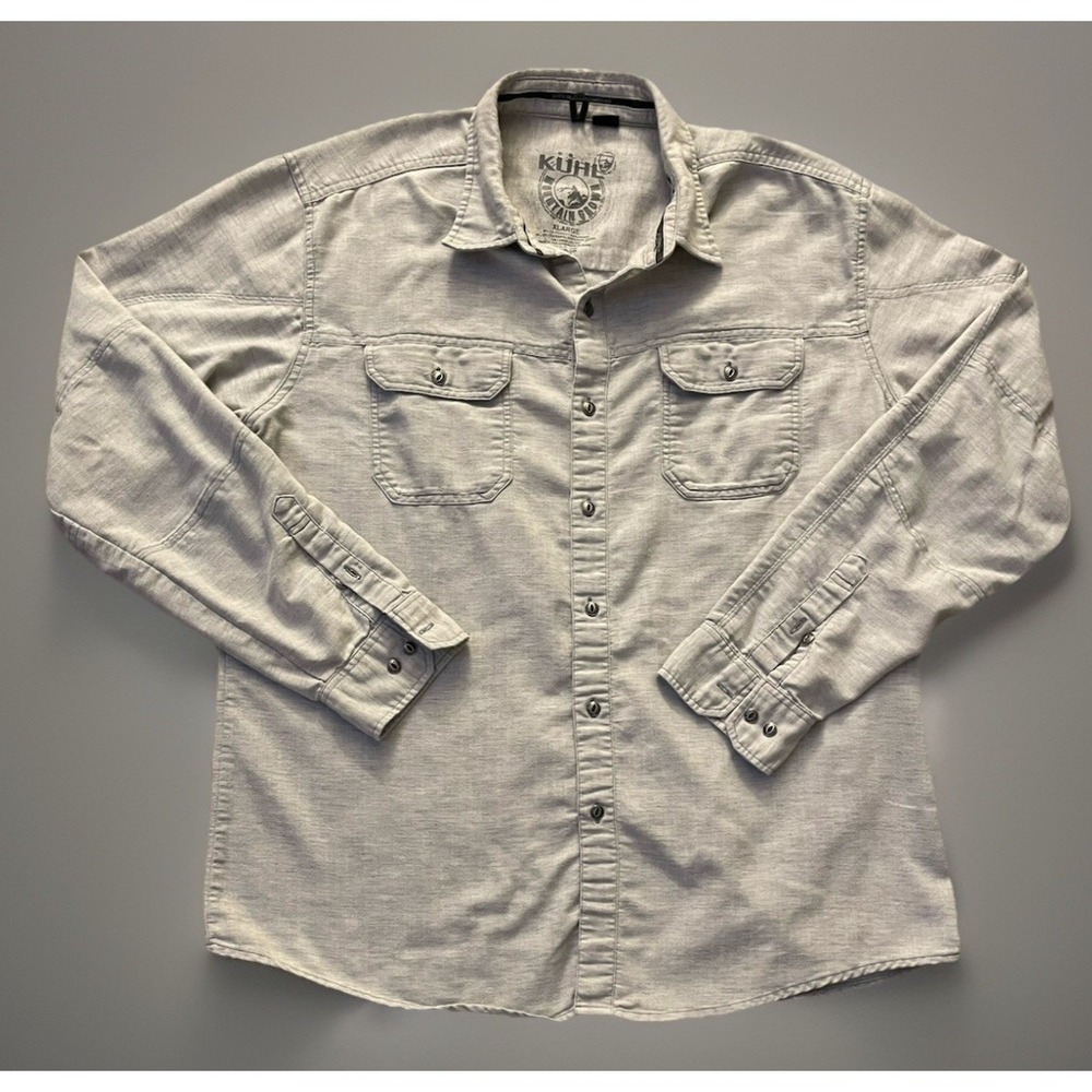 Kuhl Long Sleeve Button Down Shirt Gray Pockets Linen Herringbone Logo XL JBHS
